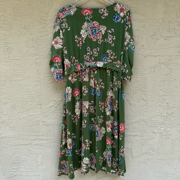 Kiyonna Dress Green Velour Floral Size 2X Midi Faux Wrap Made in USA Plus - Picture 2 of 7